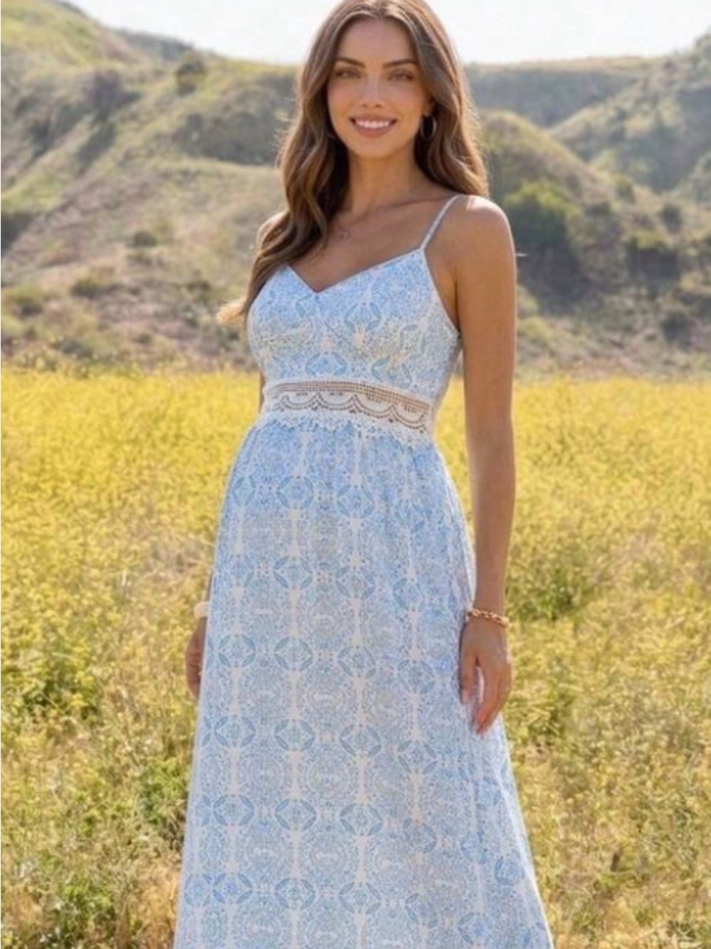 NWOT SHEIN Blue and White Lace-Trim Midi Dress